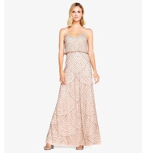 Adrianna Papell Art Deco Beaded Blouson Gown in Taupe Pink Size 16